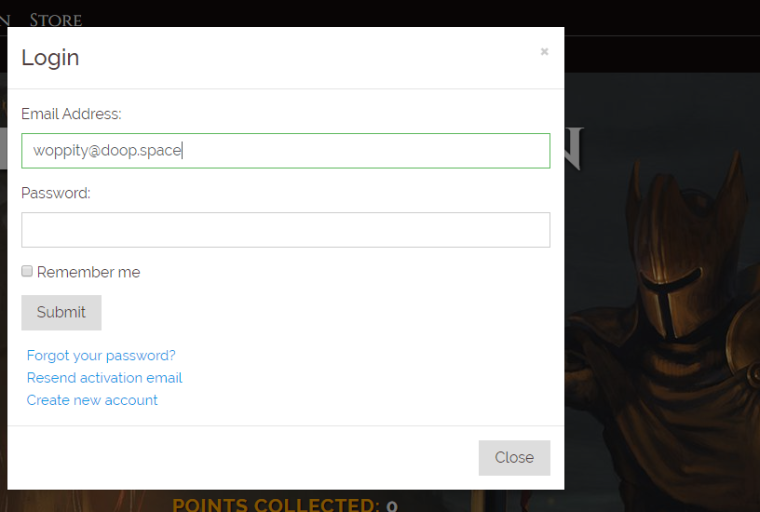 a screenshot of Fractured website's login screen, with e-mail address "woppity@doop.space" filled in