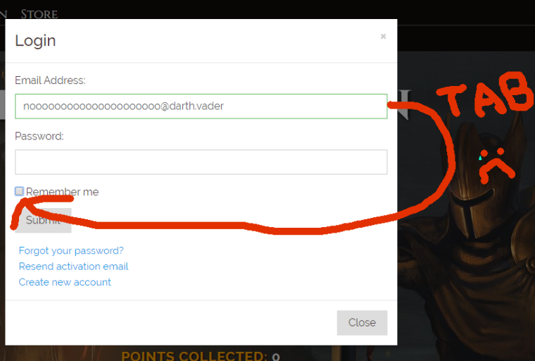 a screenshot of Fractured website's login screen, with e-mail address "nooooooooooooooooooooo@doop.space" filled in, with a visual representation of Tab key changing focus from the "Email Address" field to "Remember me", accompanied by a sad face with a single tear